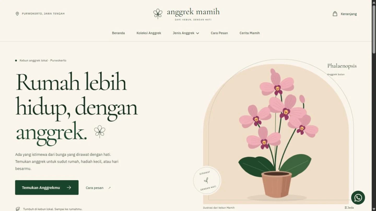 Anggrek Mamih live storefront with green editorial typography and a pink orchid illustration on a cream background.