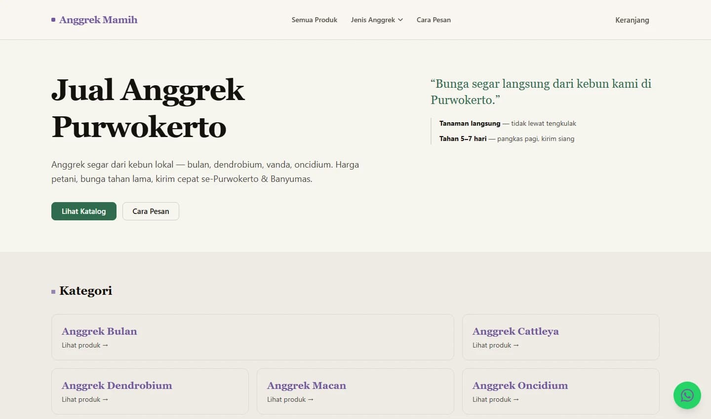 Toko Anggrek storefront homepage introducing its orchid collection and categories.