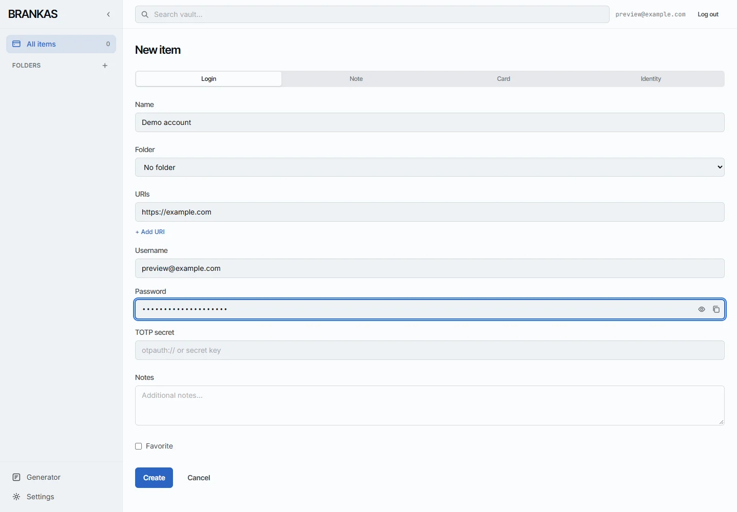 Brankas login item editor with a sample website, username, and masked password.