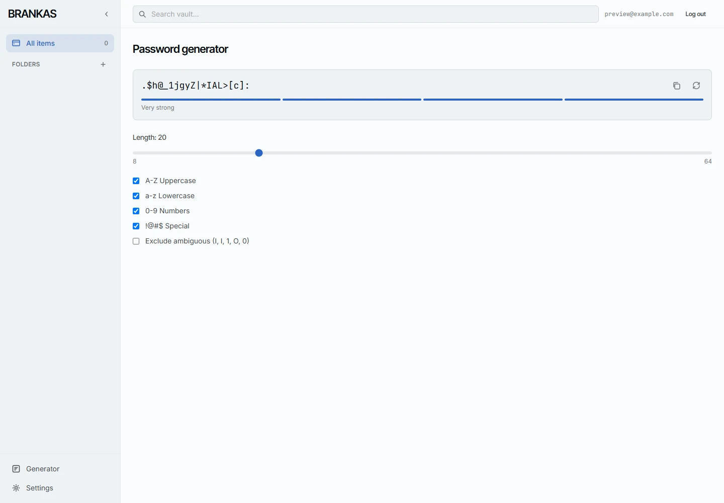 Brankas password generator interface with password configuration controls.