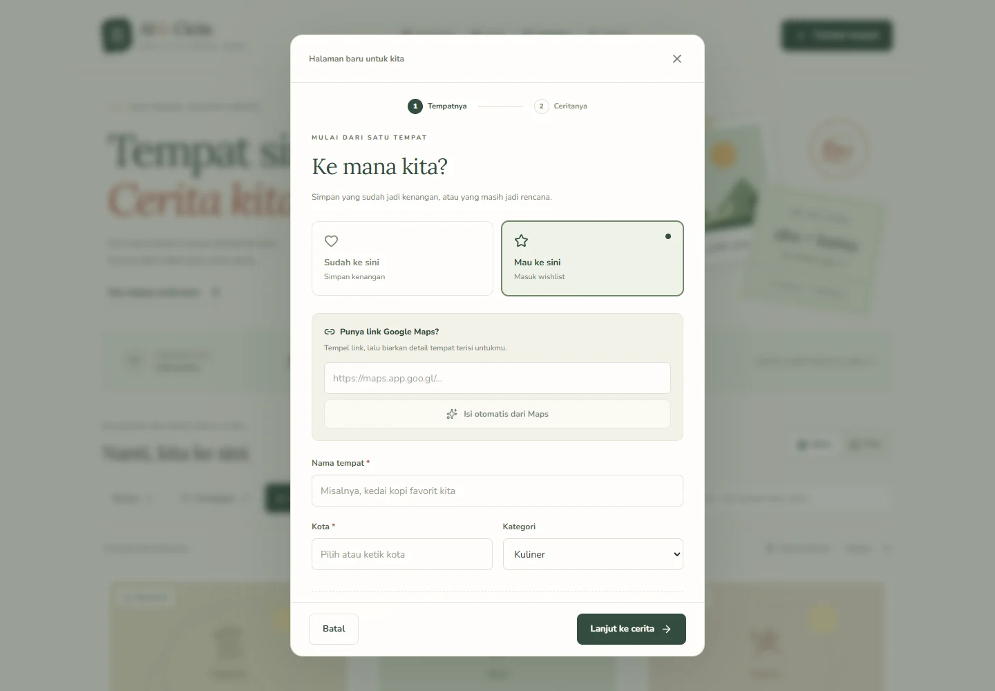Couple diary place editor with visited and wishlist choices and a Google Maps lookup.