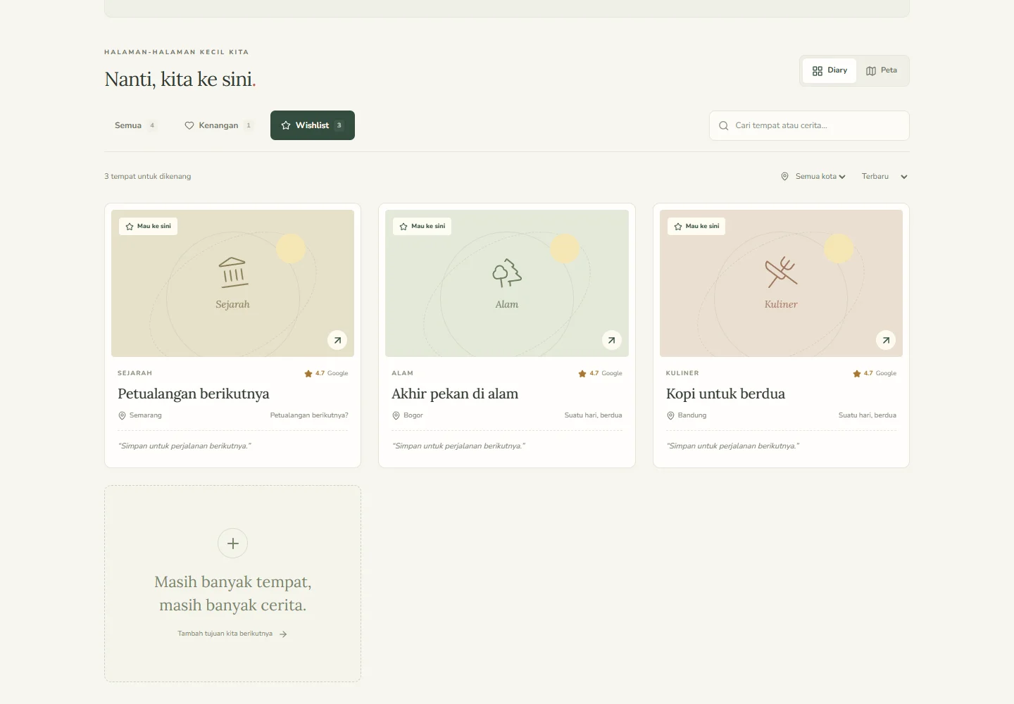 Couple diary wishlist collection with sample destinations, city filters, and ratings.