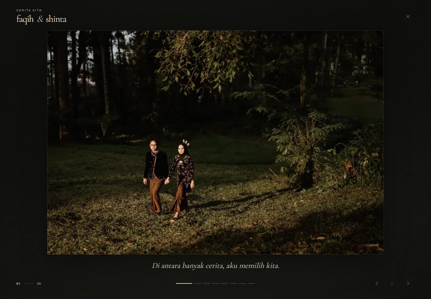 Faqih and Shinta’s cinematic photo slideshow with a romantic caption and album controls.