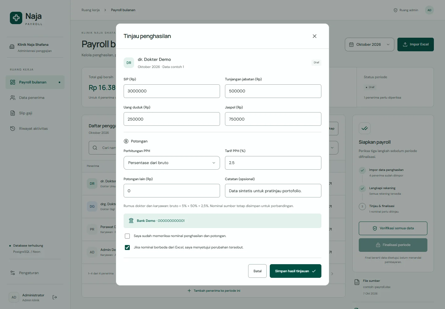 Payroll management earnings review with synthetic salary components, deductions, and review checks.