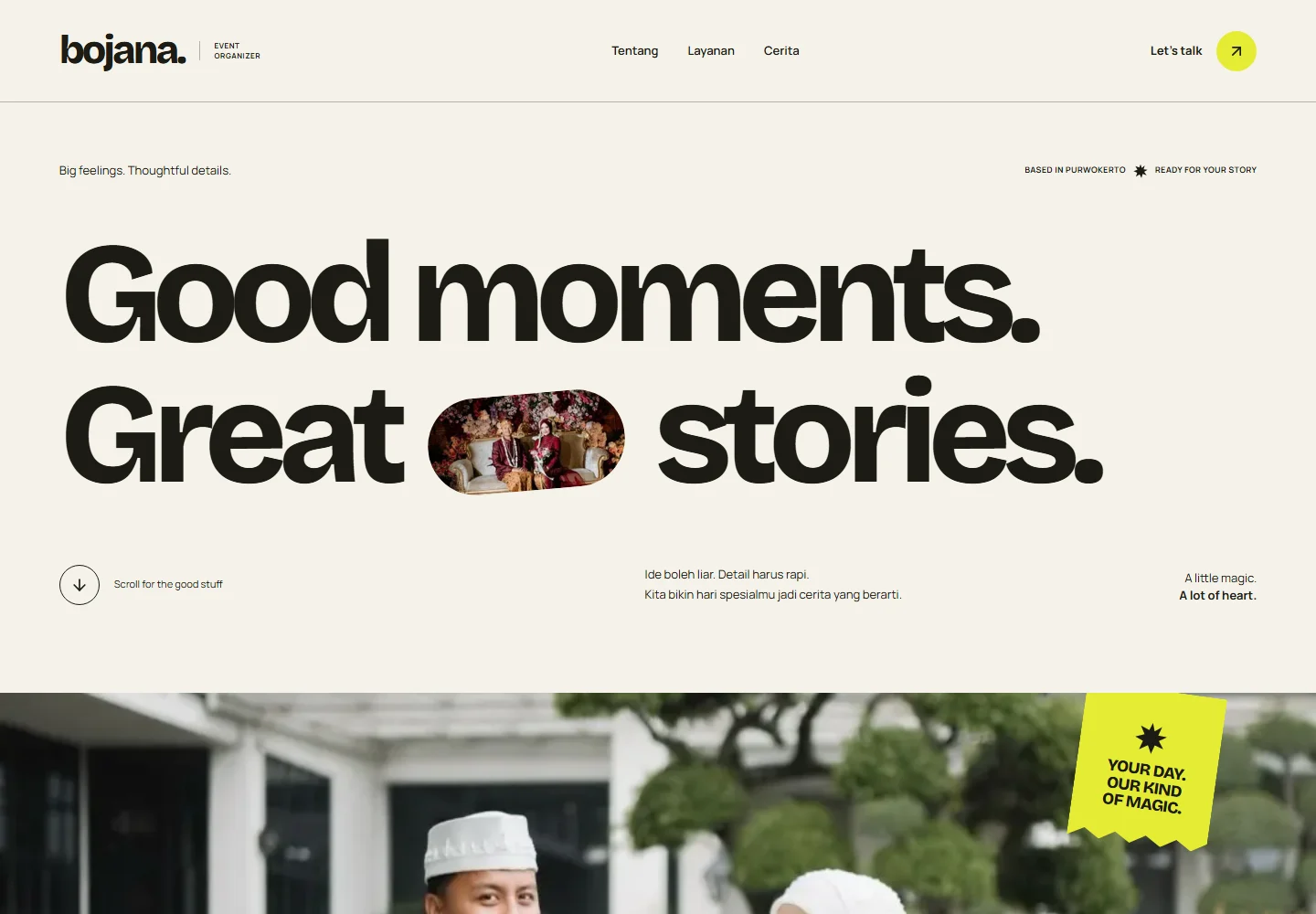 The Bojana Event Organizer homepage with large editorial typography and original event photography.