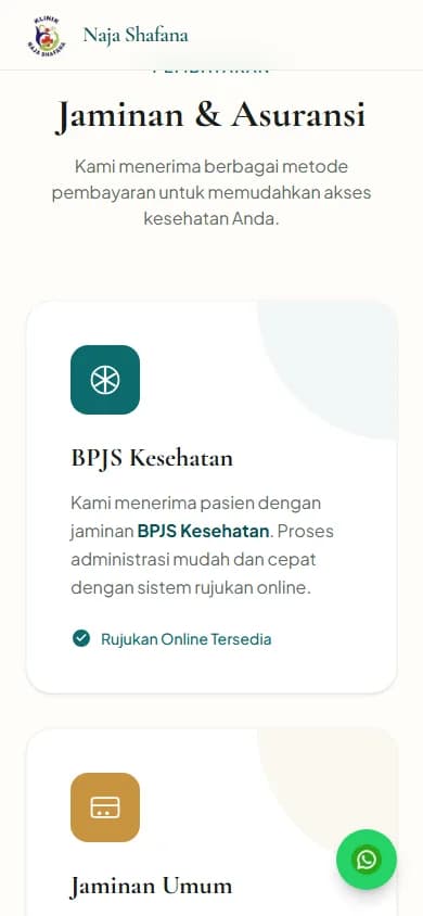 Klinik Page insurance information for BPJS and general coverage on a phone.
