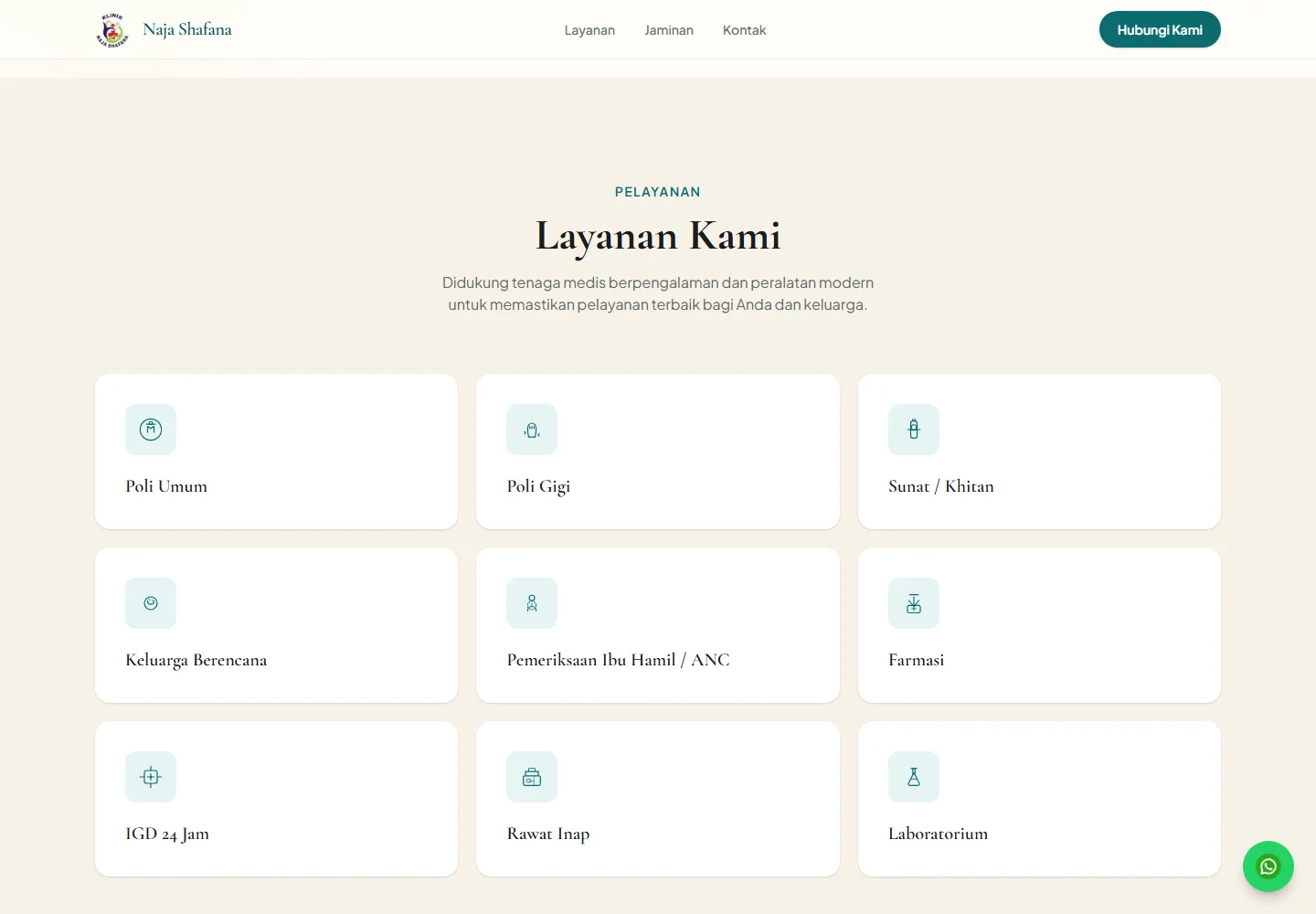 Klinik Page displaying nine clinic service cards.