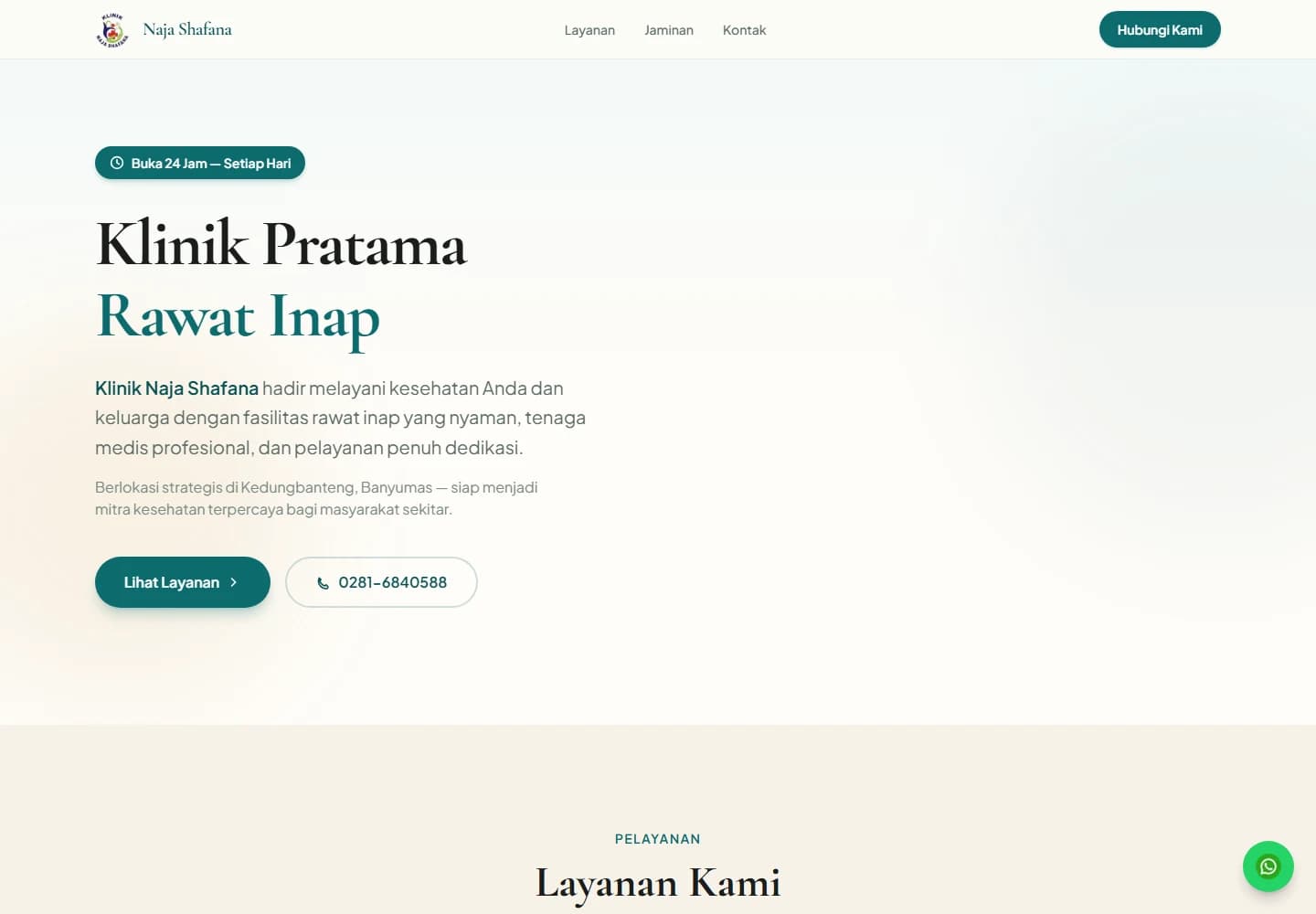 Klinik Page public website introducing Klinik Naja Shafana and its services.