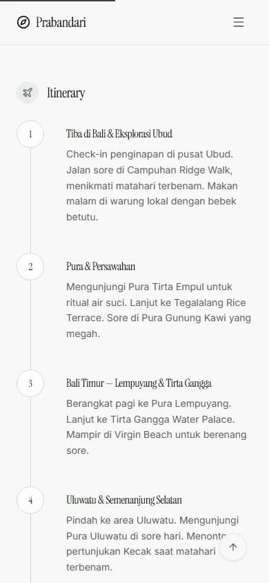 Travel Diary day-by-day Bali itinerary displayed as a mobile timeline.