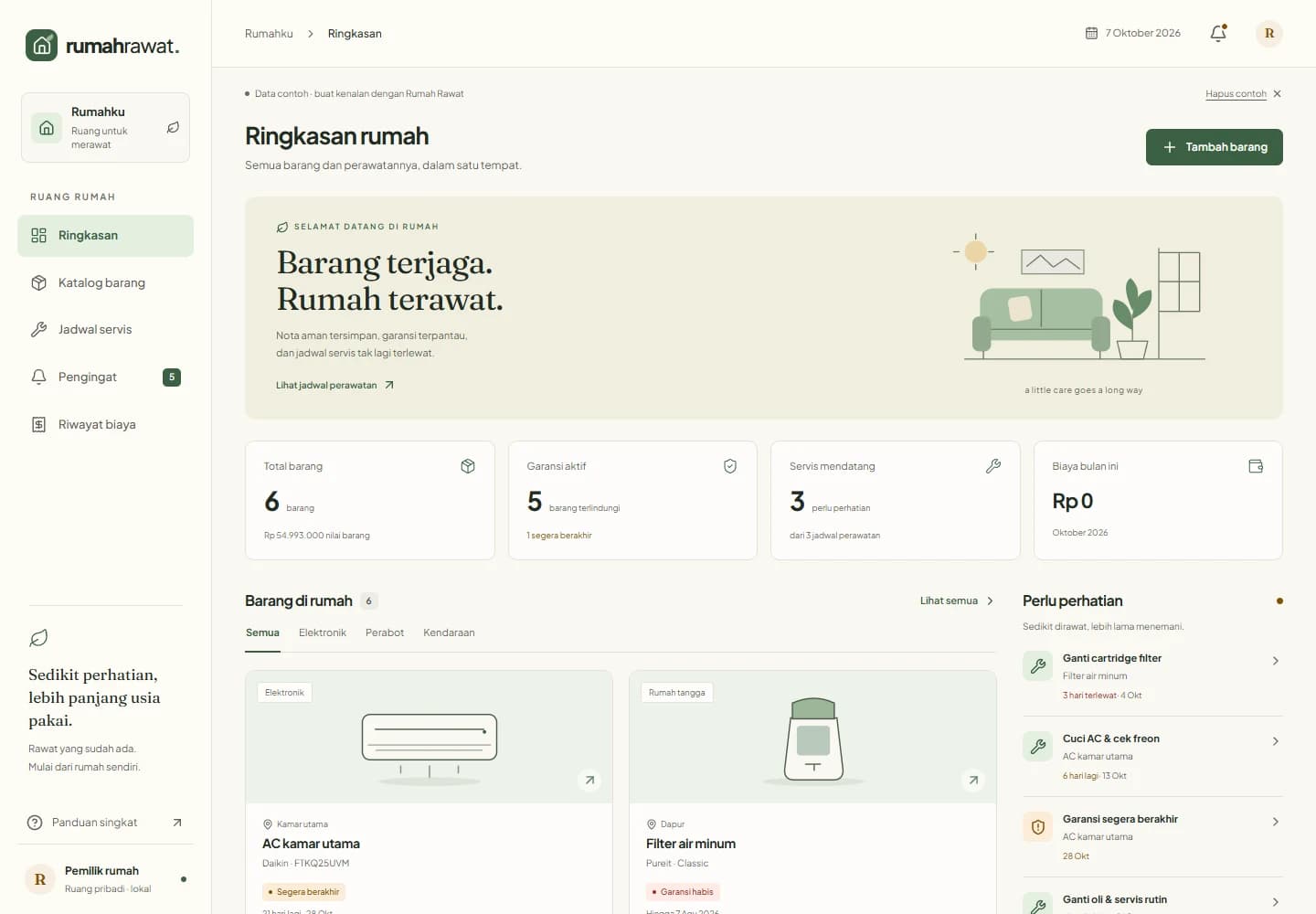 Home Inventory dashboard with sample household possessions and maintenance reminders.