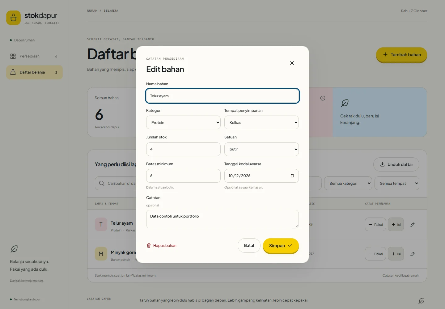 Stok Dapur ingredient editor showing quantity, stock, category, location, and expiry controls.